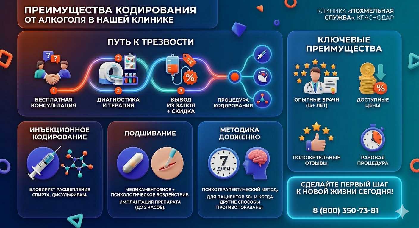 Инфографика о методах кодирования от алкоголя в Бресте: инъекции, подшивание, метод Довженко. Преимущества клиники и этапы лечения.